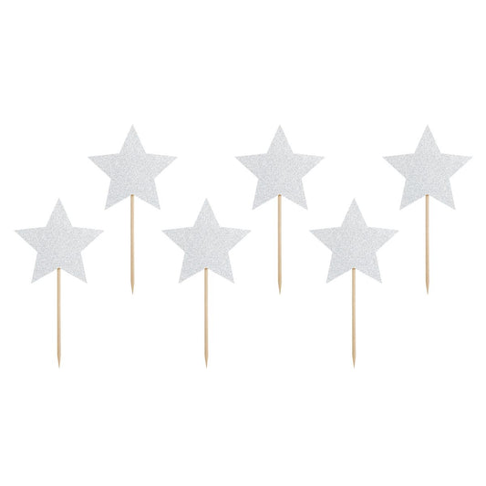 PARTYDECO CUPCAKE TOPPER STERNE - SILBER 6-TEILIG